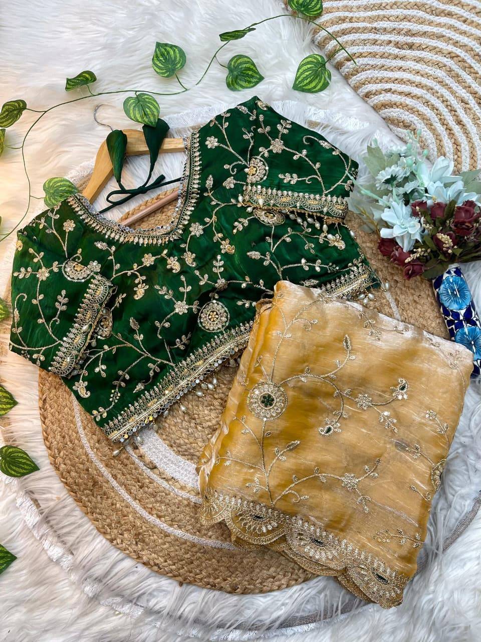 Yellow Elegant Fendy Satin Silk Saree with Dark Green Heavy Embroidered Border & Cutwork Blouse